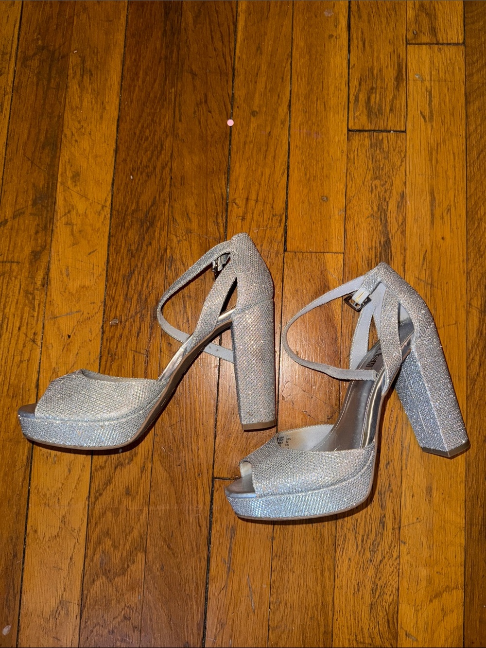 Brash Silver Glitter Platform Block Heels with Ankle Strap